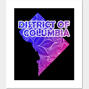 Colorful mandala art map of District of Columbia with text in blue and violet Posters and Art